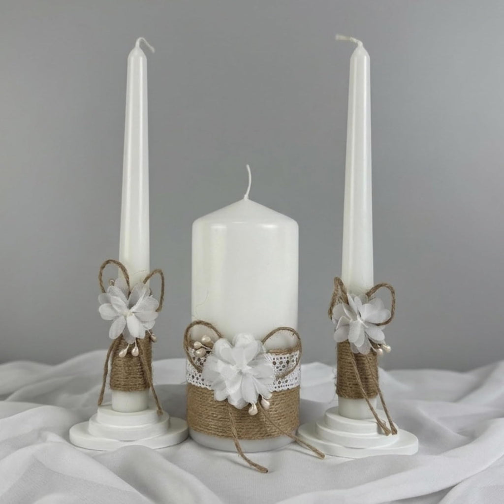 Rustic Blossom Unity Candle Set for Wedding Ceremony & Reception, Rustic Boho Handmade Wedding Candles, White