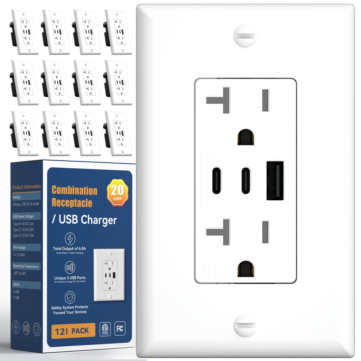 Amico 6.0A USB Outlet 12 Pack, 3-Port, 2 Type C & 1 Type A, 20 Amp, White