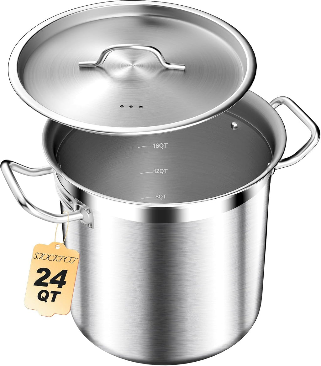 Stainless Steel Stock Pot with Lid – 24 Quart (6 Gallon) Heavy-Duty Cooking Pot for Soup, Stew, Pasta – Commercial &