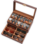 Watch Case Box for Men – 14 Slots Watch Display Organizer with 6-Compartment Eyeglasses Storage, Real Glass Lid
