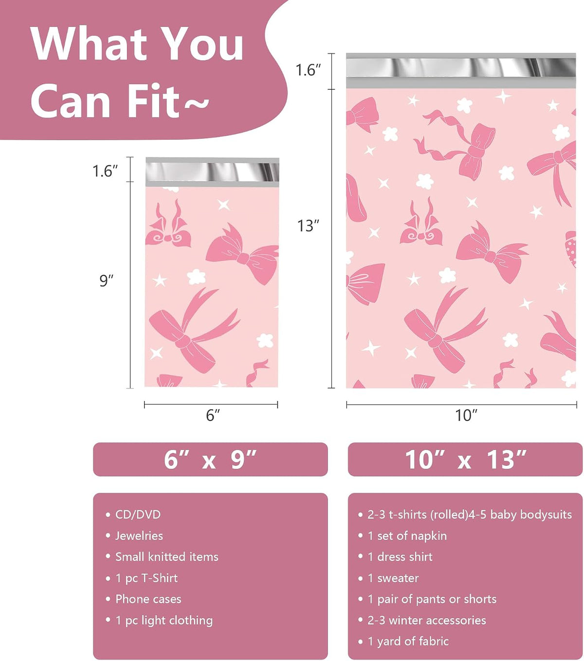 Poly Mailers 10x13 Inch, 25 Pack, Pink Bow Self-Seal Shipping Bags