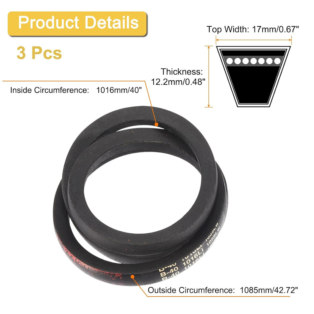 Uxcell 3 Pack B-40 Classic Wrapped V-Belt, 43" Outside Circumference, Black, Industrial Rubber V-Belt