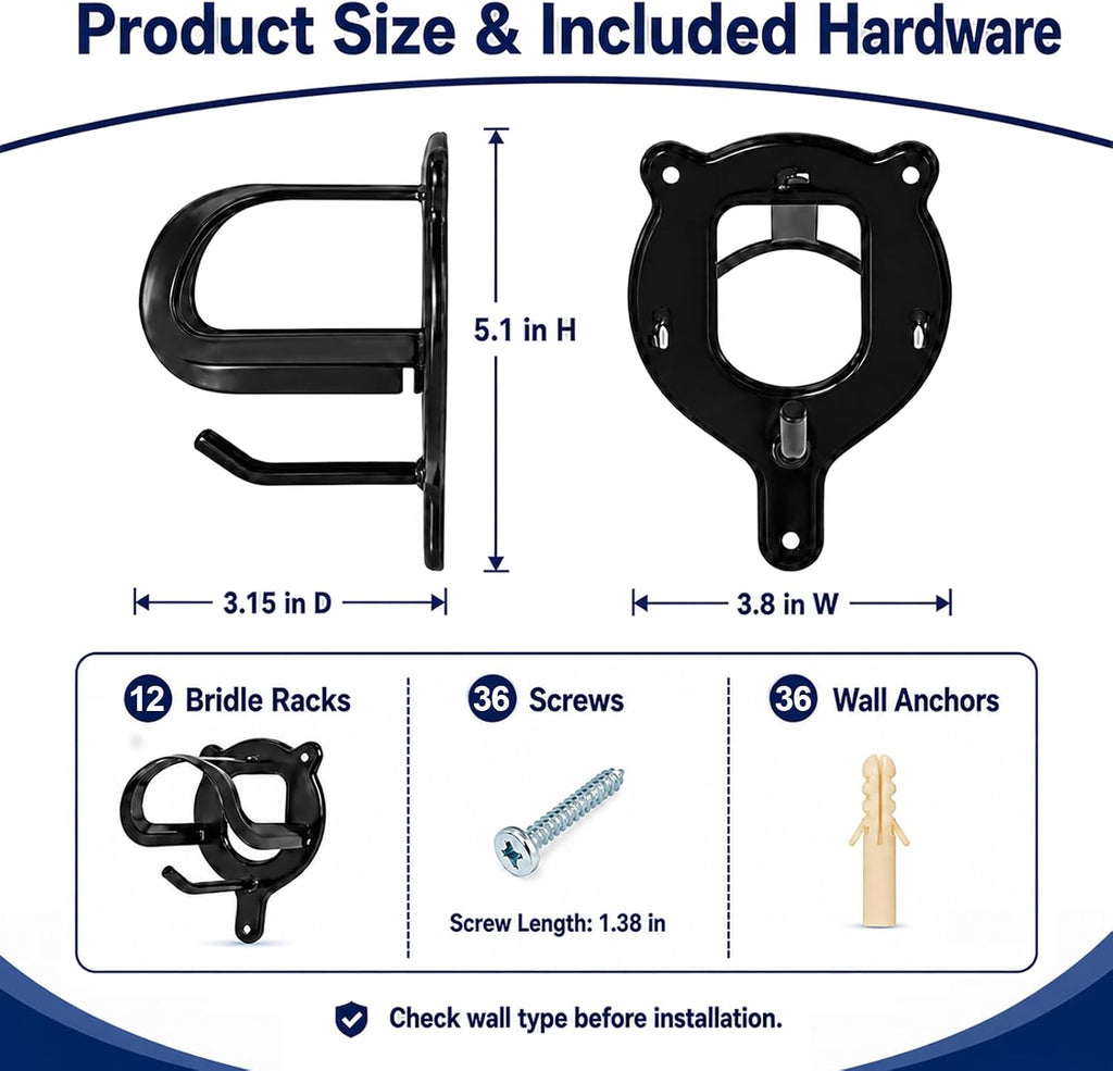 12 Counts Horse Bridle Rack, Bridle Bracket Bridle Hooks with Tubes & Screw