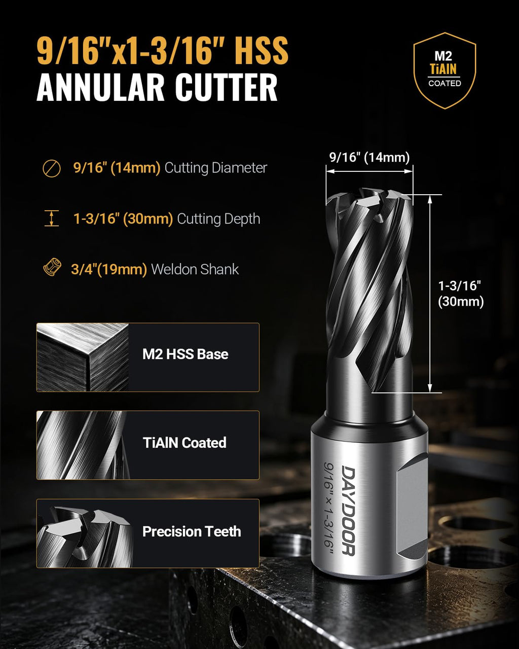DAYDOOR 9/16" Annular Cutter 2PCS, 1-3/16"Depth, M2 HSS TiAlN Mag Drill Bit