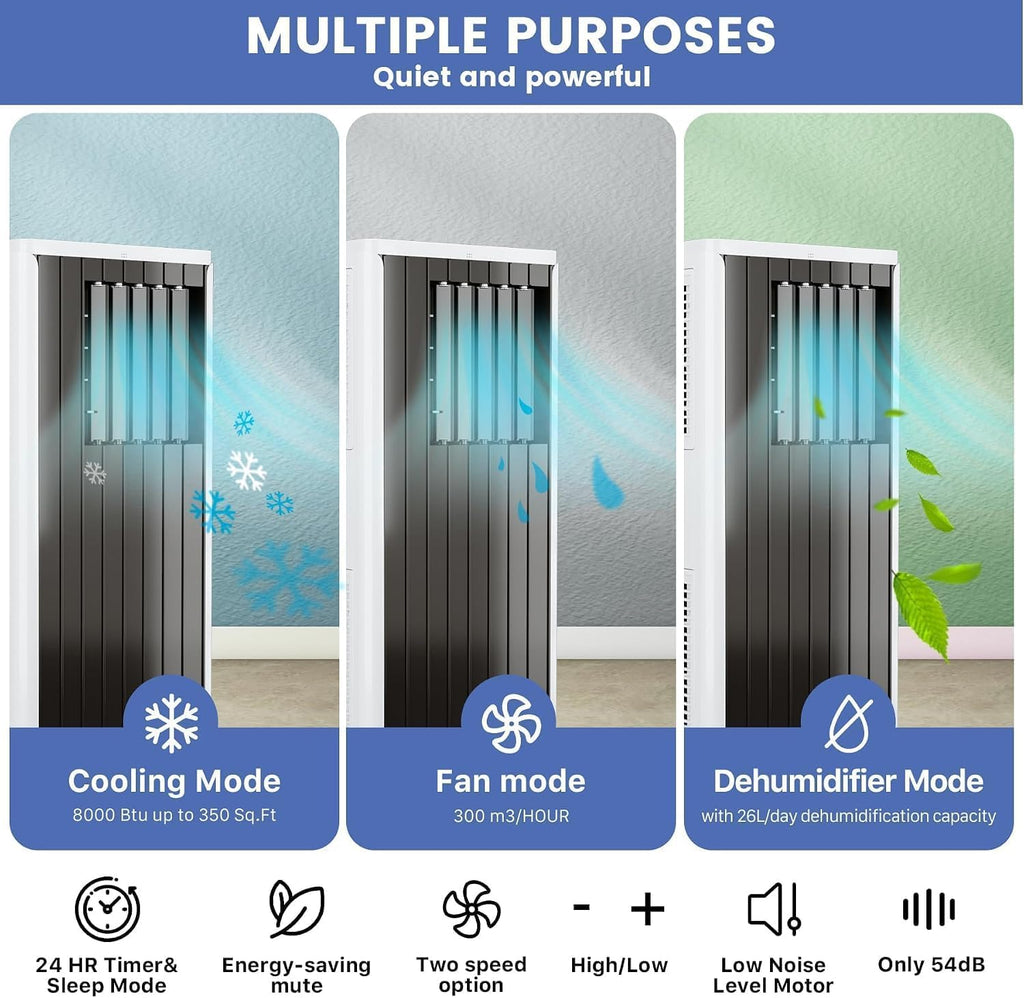 3-in-1 Portable Air Conditioner, 8000 BTU (5000 BTU SACC) AC Unit | with Energy Saving, Window Kit & Remote, 24H