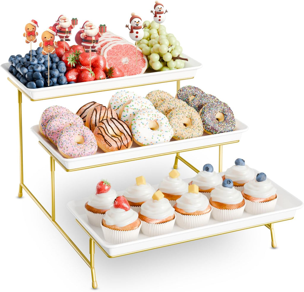3-Tier Melamine Serving Tray Set, 14 x 7 in, Gold Stand