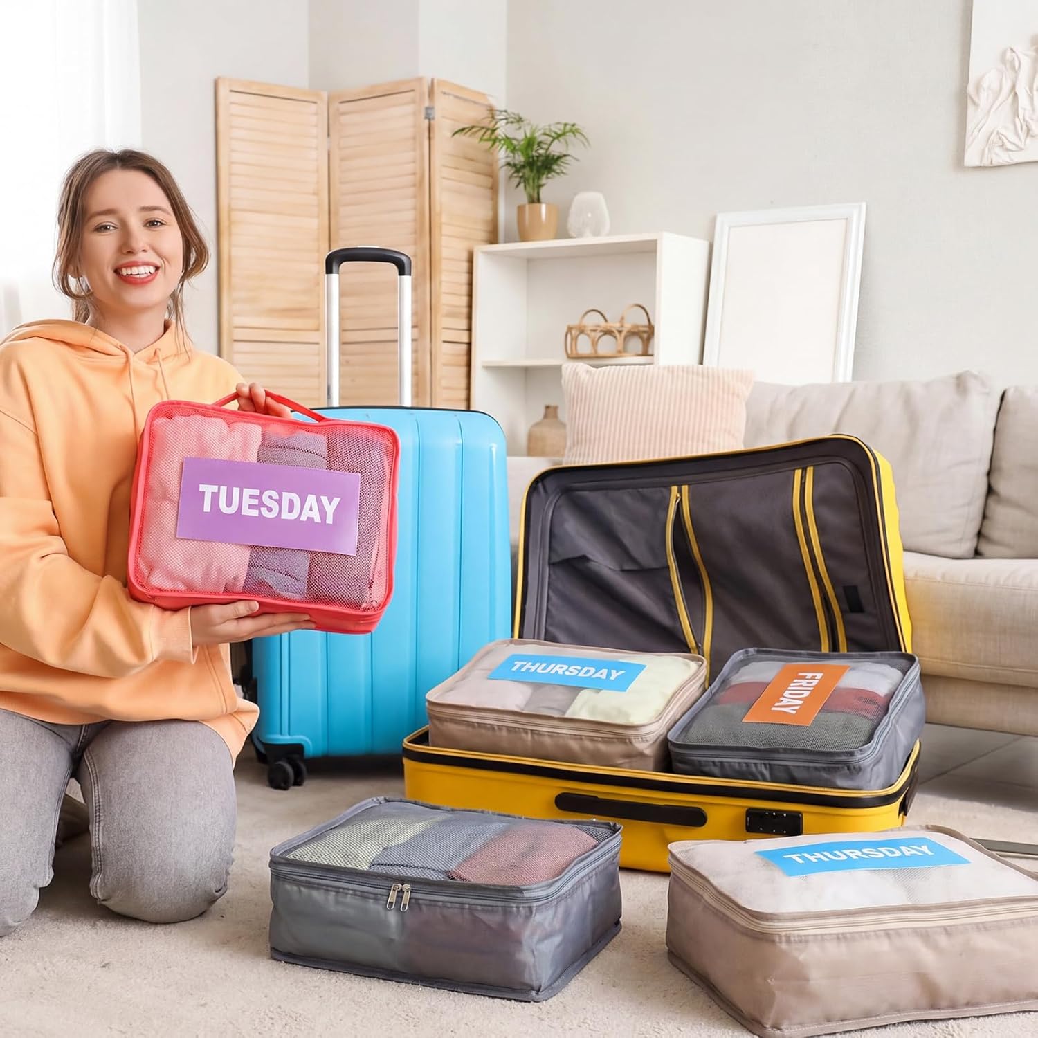 14 Pcs Packing Cubes for Travel Days of Week Packing Cubes with Labels Zippered Camping Bag for Summer Camp Essentials