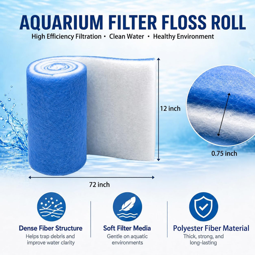 Aquarium Filter Floss 12 x 72 x 0.75 Inch, Cut-to-Fit Filter Media Pad
