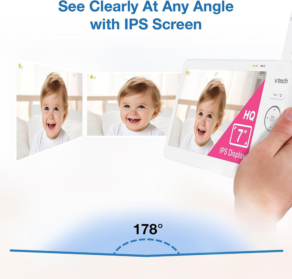Baby Monitor No WiFi, 7" IPS Screen, 5000mAh 12Hr Battery, 360° PTZ, 4X Zoom, Night Vision, Night Light, 2-Way Talk