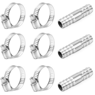 ChillWaves 304 Stainless Steel Hose Barb Fittings, Splicer Mender Union 1-1/4" Barb with Hose Clamp Hose Repair Kit For Water/Fuel/Air(3-PACK)