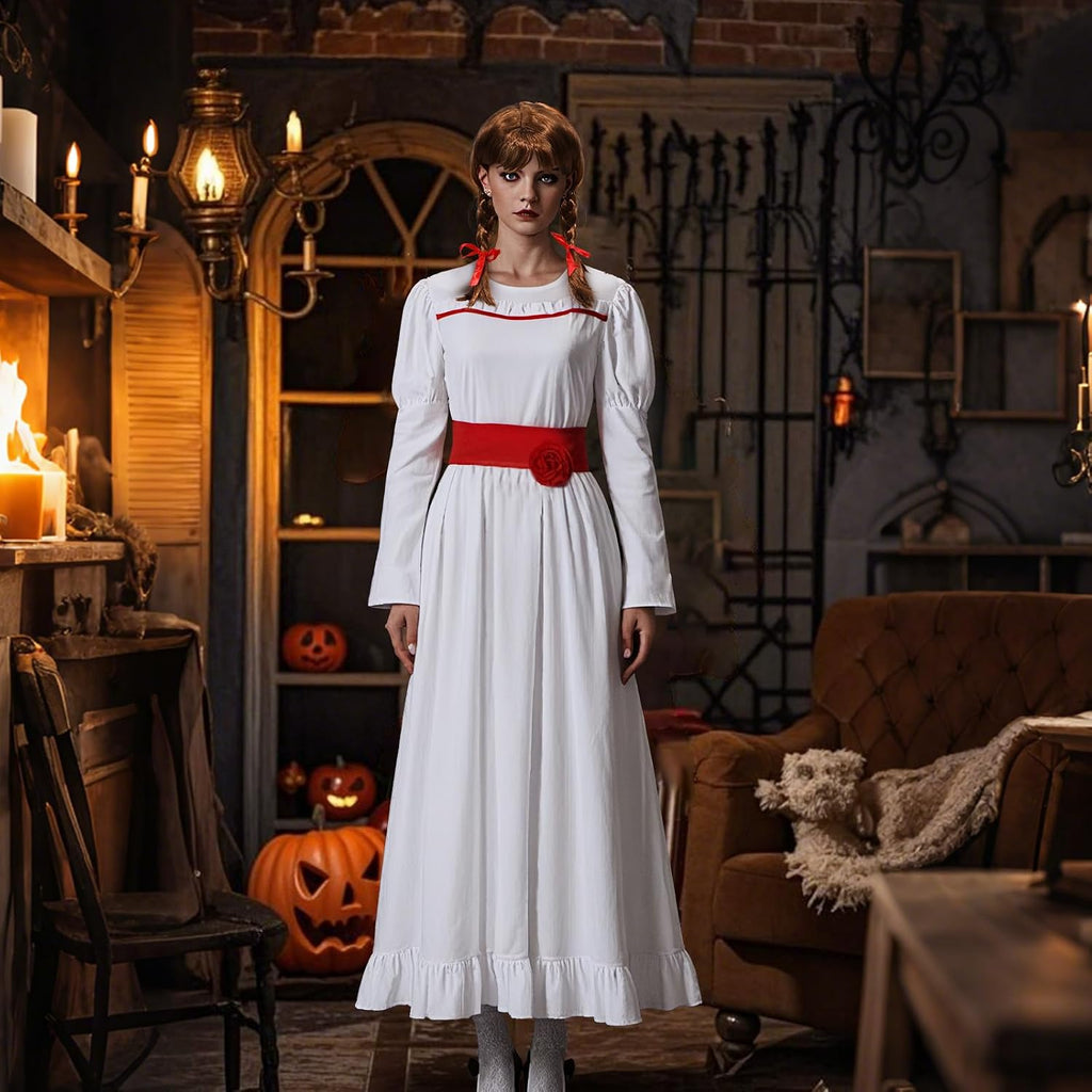 Halloween Annabelle Costume Adult Long White Dress Horror Scary Ghost Role Play Costume Annabelle Wig Cosplay Suits