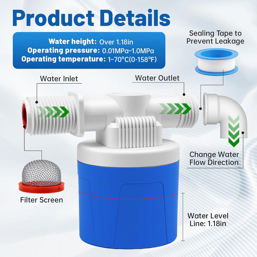 3/4" Side Top Inlet Water Float Valve, 2 Pack Water Trough Float Valve Water Level Control Float Valve for Water Tank, Automatic Water Shut Off Valve Pool Auto Fill for Livestock Pond Aquarium