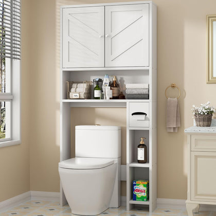 Over the Toilet Storage Cabinet, Bathroom Storage Cabient with Barn Doors, Bathroom Storage Shelf Organizer with