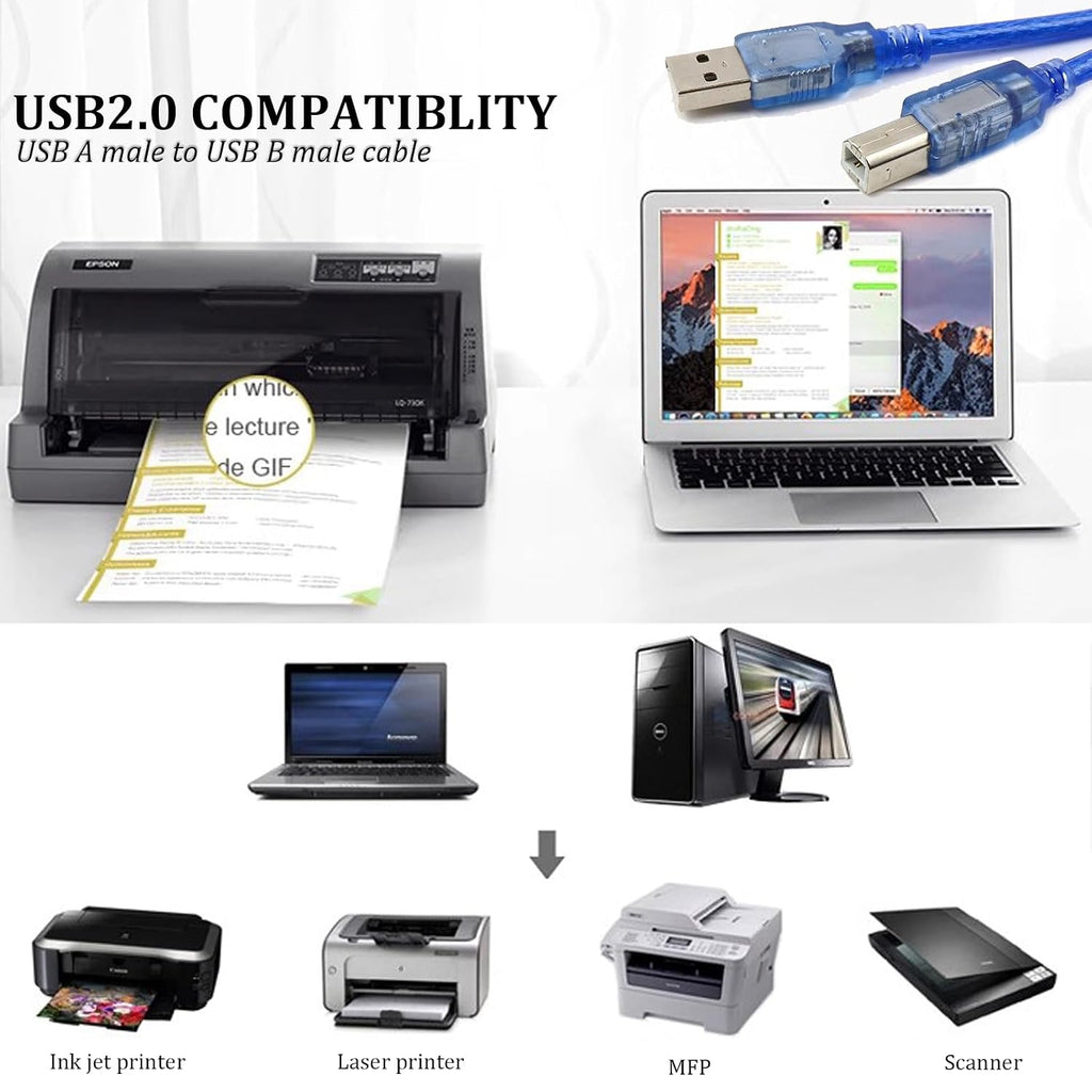 USB A to USB B Cable Wire, USB 2.0 Cable Connectors, Printer Cables Wire for Connecting Printers to a PC or Mac