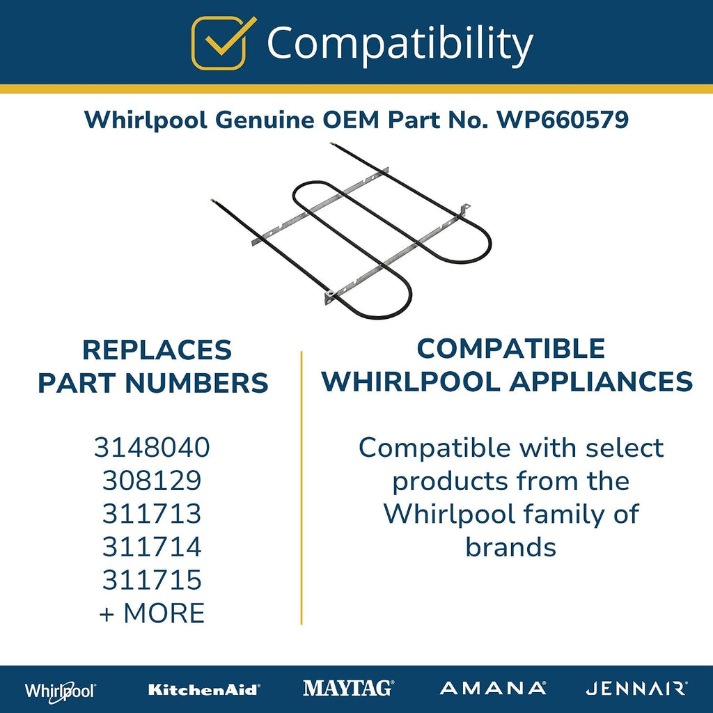 Whirlpool WP660579 Genuine OEM Electric Range Broil Element Replacement Part - Replaces 3148040, 308129, 311713, 311714, 311715, 311716, 661420, 660578, and 660579