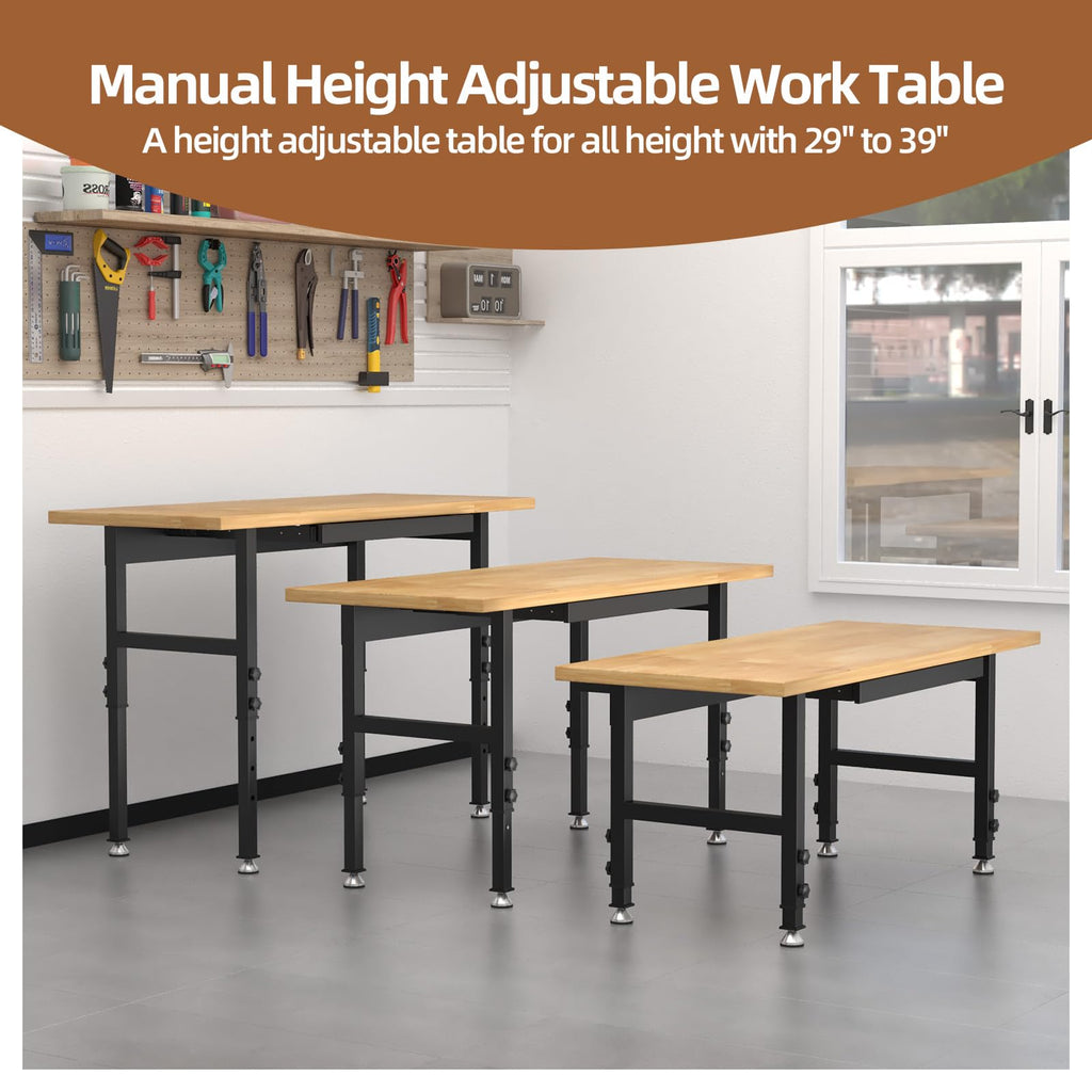 48'' Adjustable Workbench, Solid Wood Work Bench Table, Metal Tool Bench Work Bench for Garage, Large Load Capacity