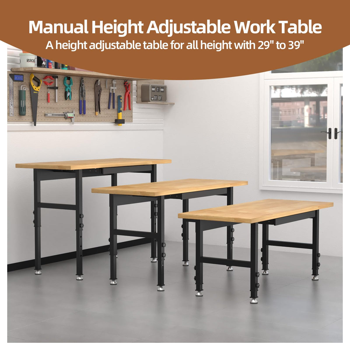 48'' Adjustable Workbench, Solid Wood Work Bench Table, Metal Tool Bench Work Bench for Garage, Large Load Capacity
