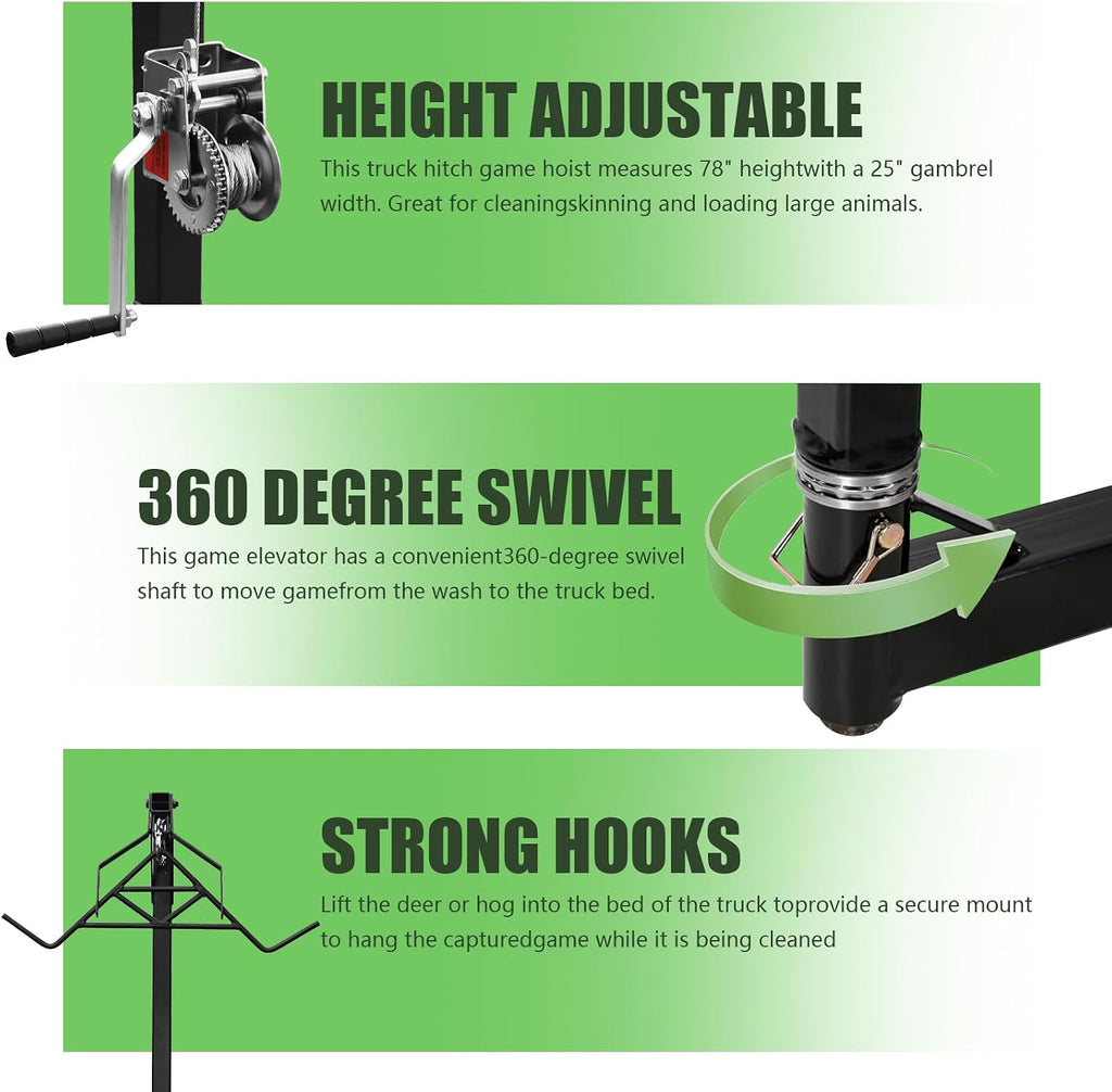Truck Hitch Game Hoist Complete Kit with Winch and Gambrel, 600 lb Capacity - Heavy-Duty Deer Hoist Hunting Game