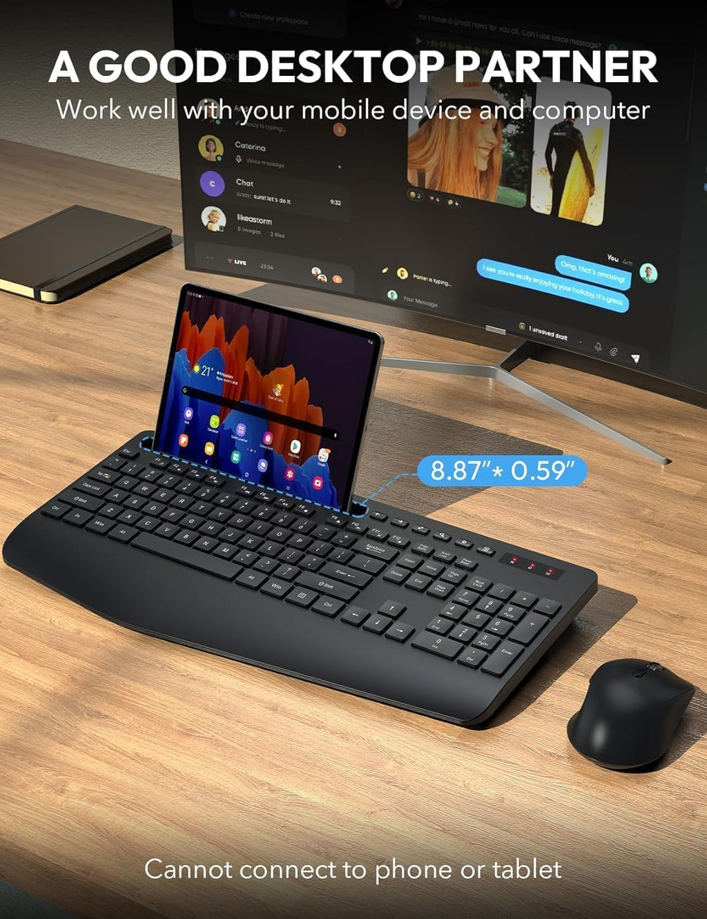 Wireless Keyboard and Mouse Combo, Full Size, Ergonomic Wrist Rest | Silent Typing, Phone Holder, 2.4 GHz, 3 Level