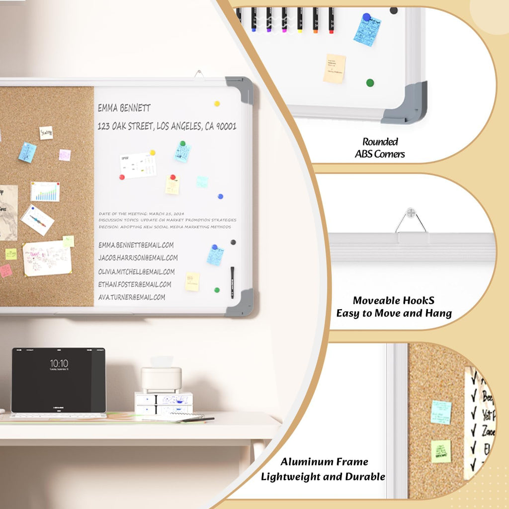White Board Cork Board Combo, 24×18 inch for Office, Home, School, Vision Board, Pin Bulletin, Markers, Eraser