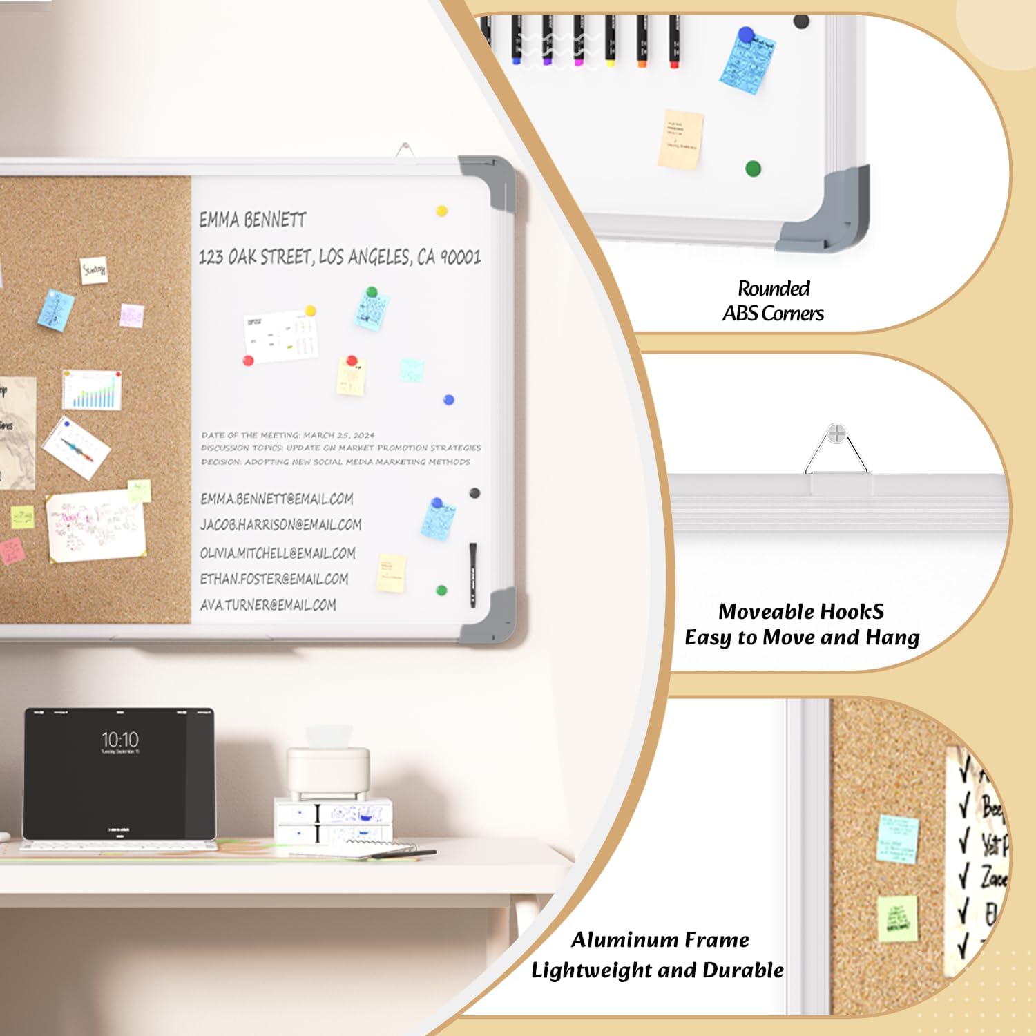 White Board Cork Board Combo, 24×18 inch for Office, Home, School, Vision Board, Pin Bulletin, Markers, Eraser