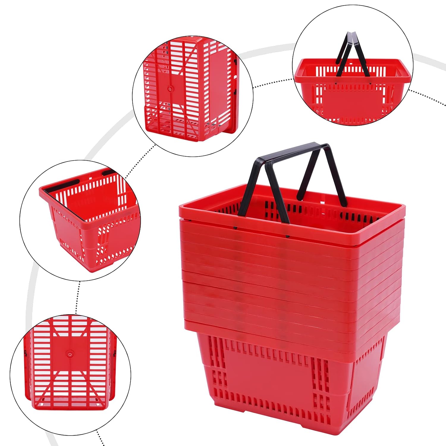 Shopping Basket, 17 * 12 * 9inch Set of 12 Freestanding Store Baskets w/Foldable Handle, Stackable Hand-held Basket