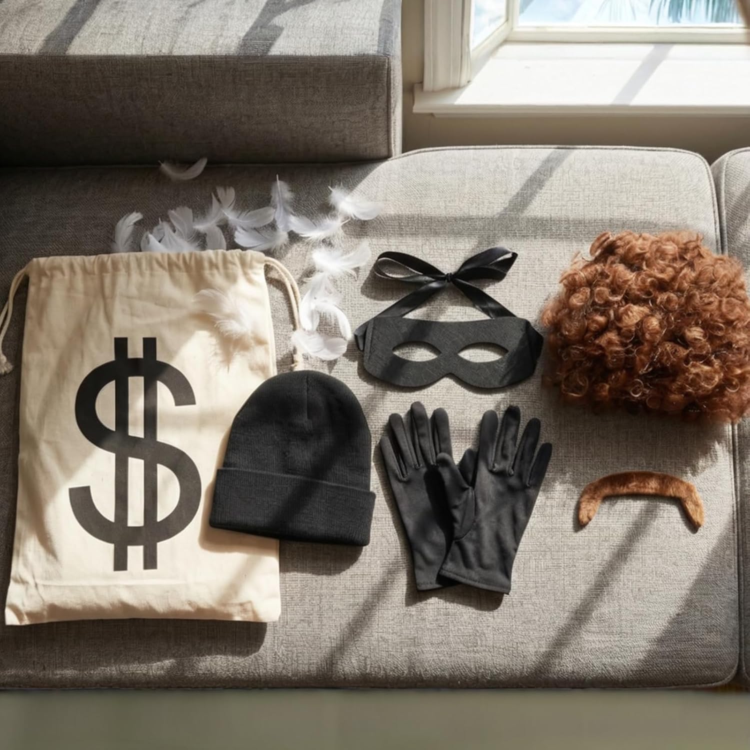 Robber Costume Accessory Halloween 7Pcs Bank Thief Money Bag Hat Wig | Money Bag, Bat Eye Mask, Beanie Hat, Gloves