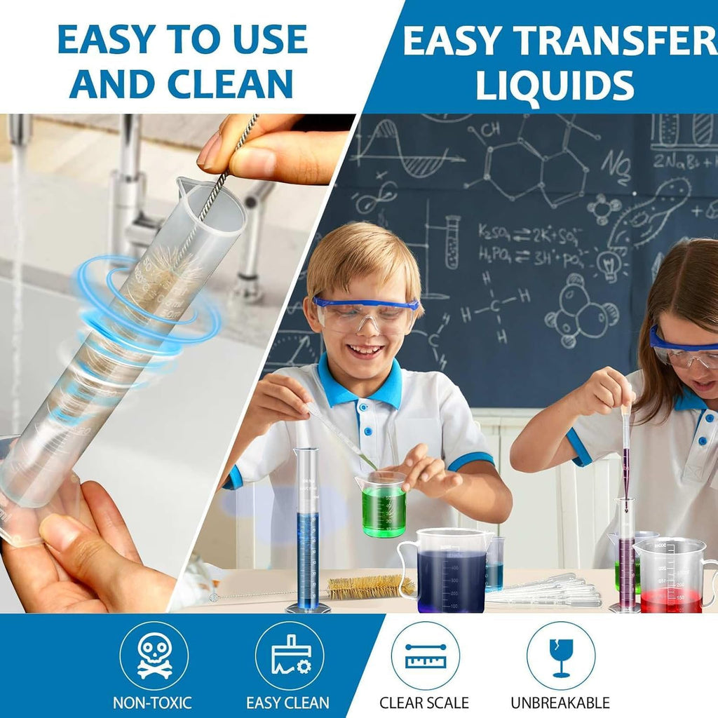 Upgraded Plastic Graduated Cylinders and Beakers, 10-1000ml 15PCS | 4 cylinders (10/25/50/100ml), 5 beakers