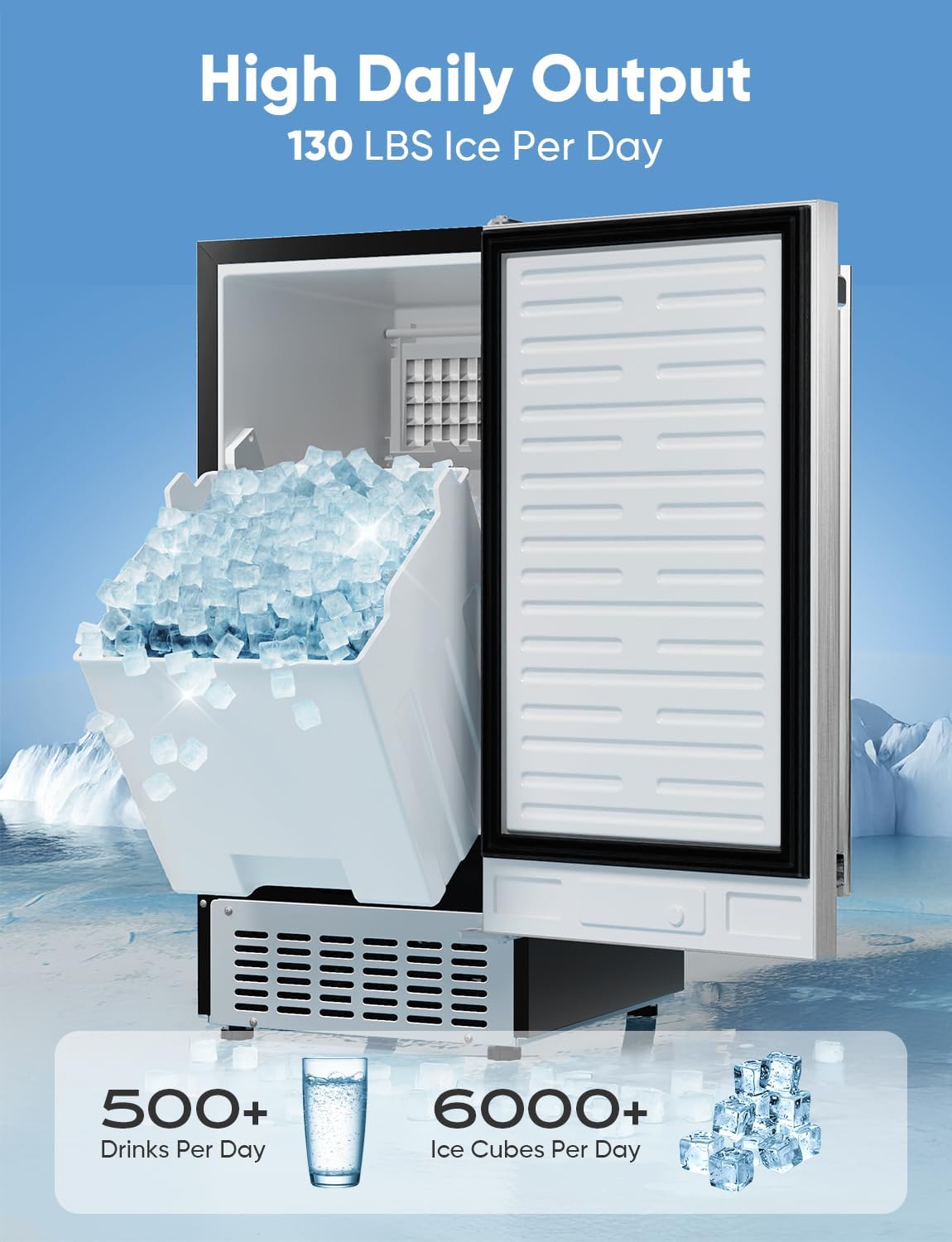 Commercial Undercounter Ice Maker Machine, 130lbs/Day