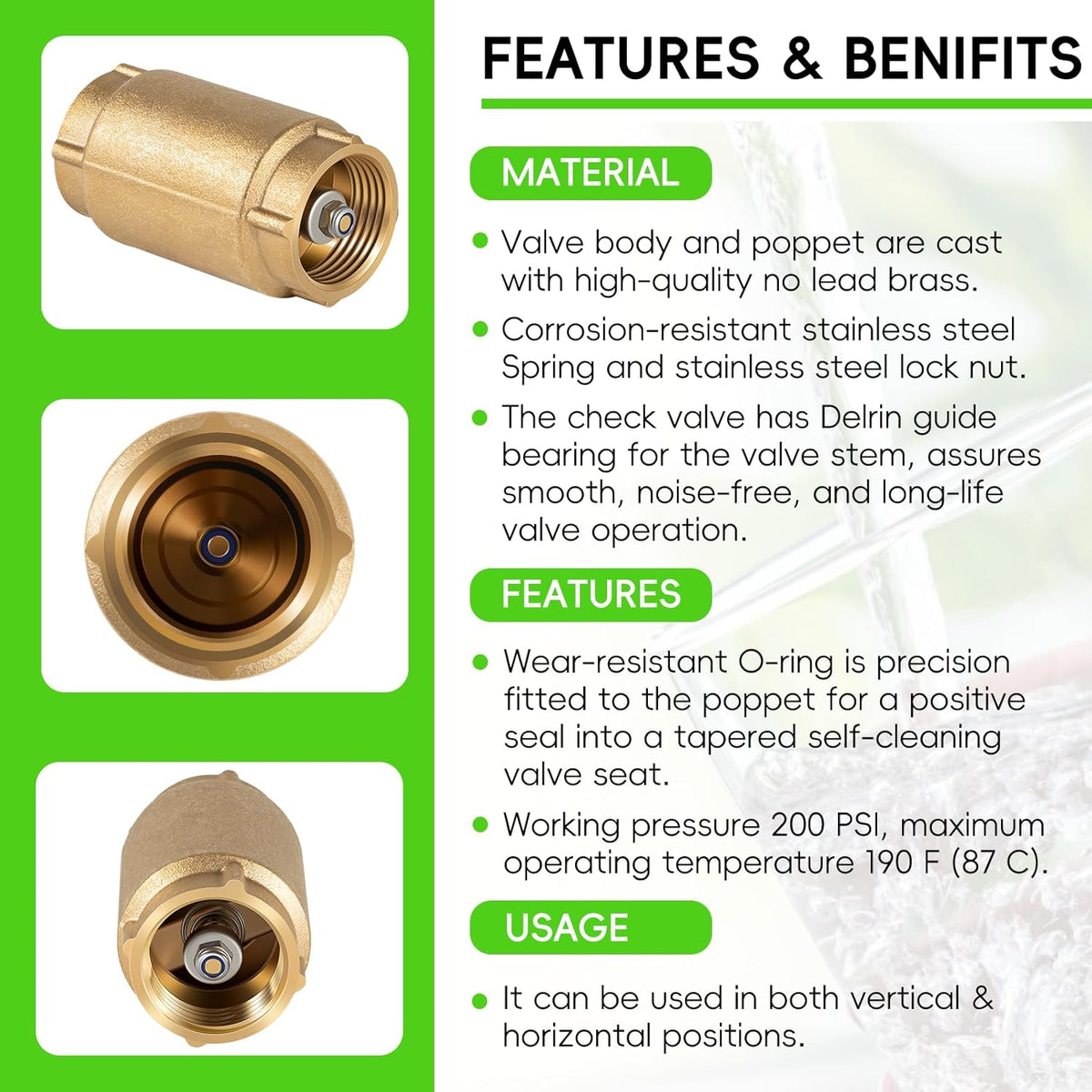 1" No-Lead Brass Check Valve For Well Pump with Backflow Preventer, 1" FNPT