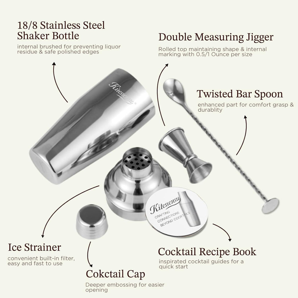 Cocktail Shaker, KITESSENSU 24oz Drink Shaker with Bartender Strainer, Measuring Jigger, Bar Mixing Spoon, Cocktail