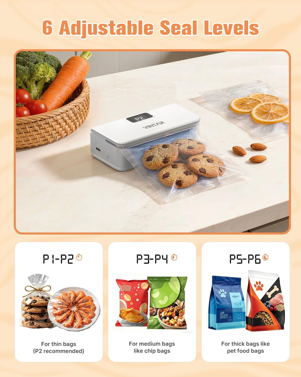 Rechargeable Mini Bag Sealer, 6 Heat Settings for Kitchen Food Storage
