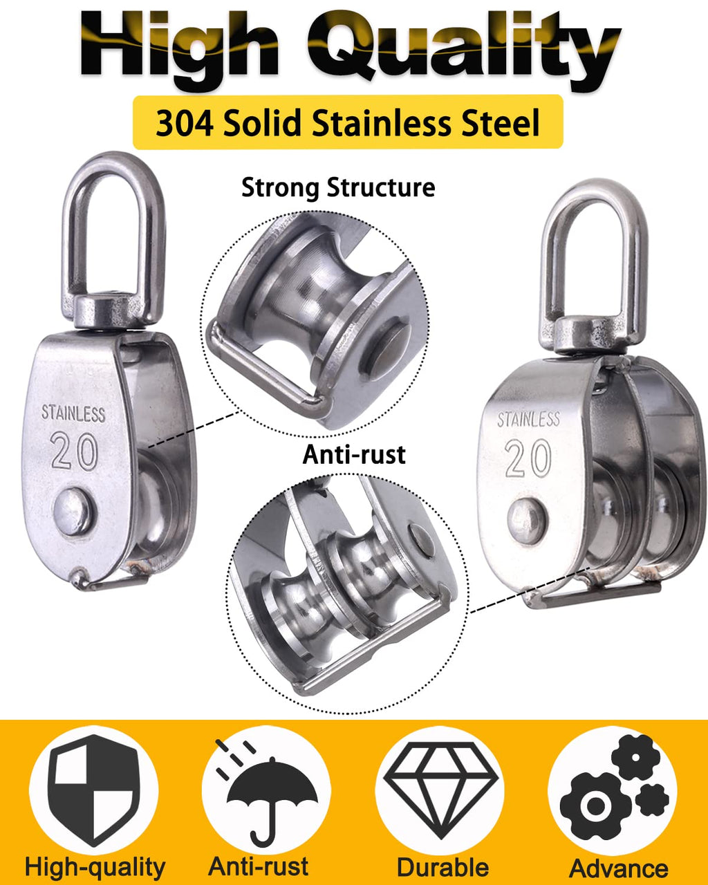 Rocaris 4 Pack M20 Pulley Block, 2 Pcs Single Pulley & 2 Pcs Double Pulley
