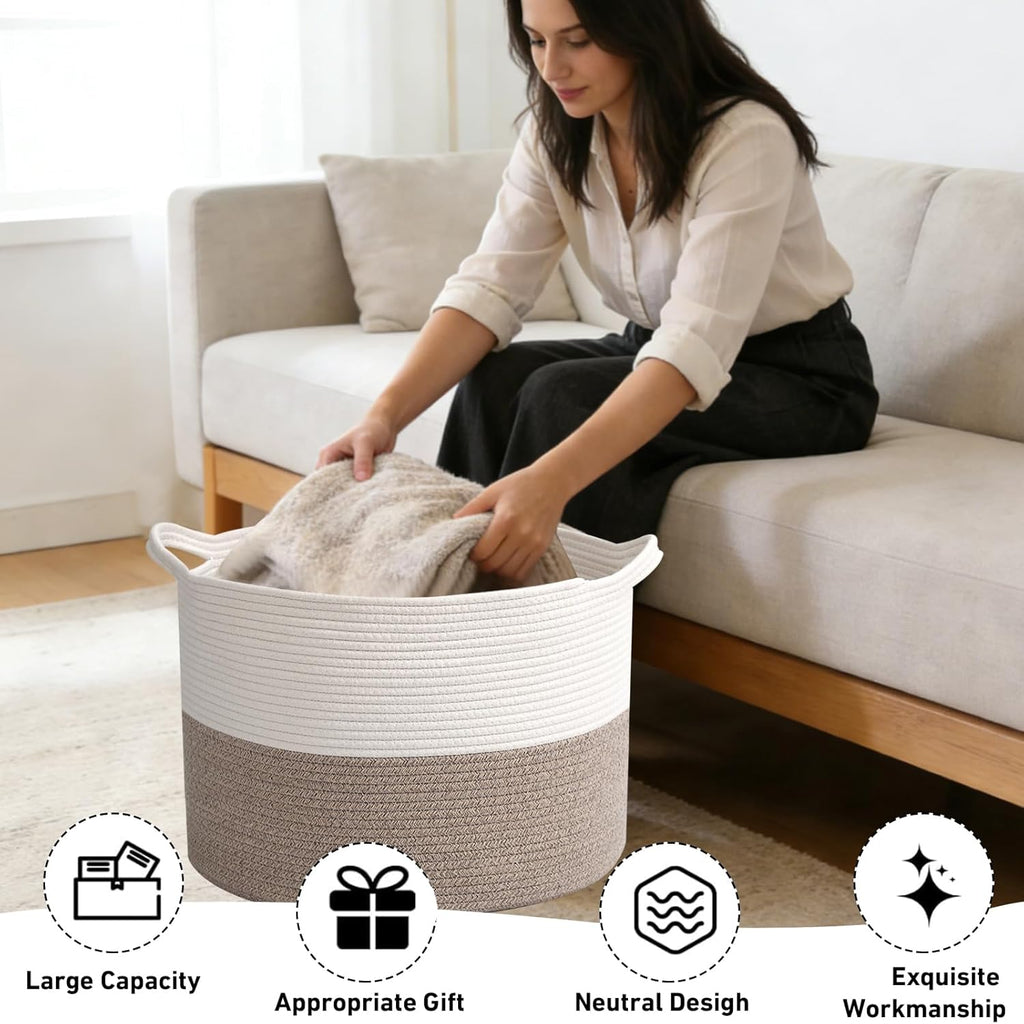 Large Woven Blanket Basket,65L Cotton Rope Laundry Basket Hamper with Handles, Decorative Nursery Basket Storage Bin