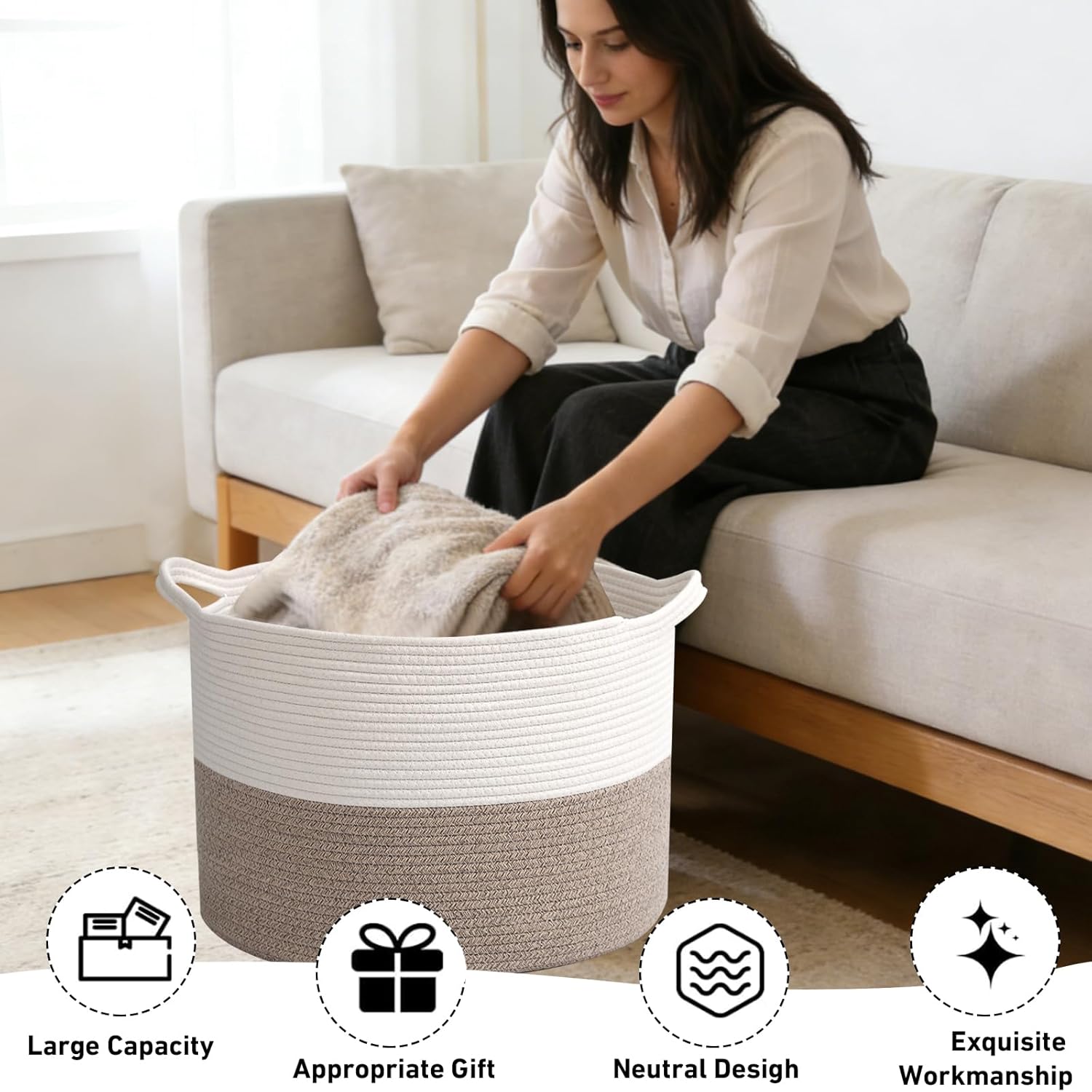 Large Woven Blanket Basket,65L Cotton Rope Laundry Basket Hamper with Handles, Decorative Nursery Basket Storage Bin
