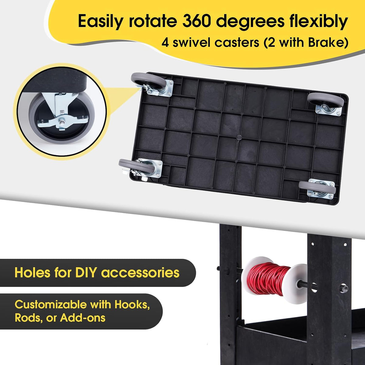 3-Shelf Heavy Duty Plastic Rolling Utility Cart, 34 x 17 x 38.5 in