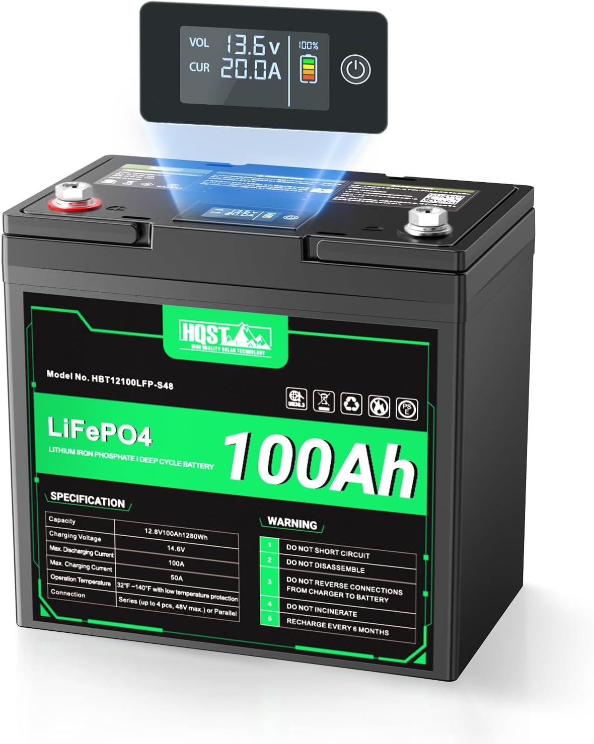 12V 100Ah LiFePO4 Battery, Group 22NF Mini, BMS, LED Meter, 1280Wh | Deep Cycle, Low Temp Protection, 10-Year Life