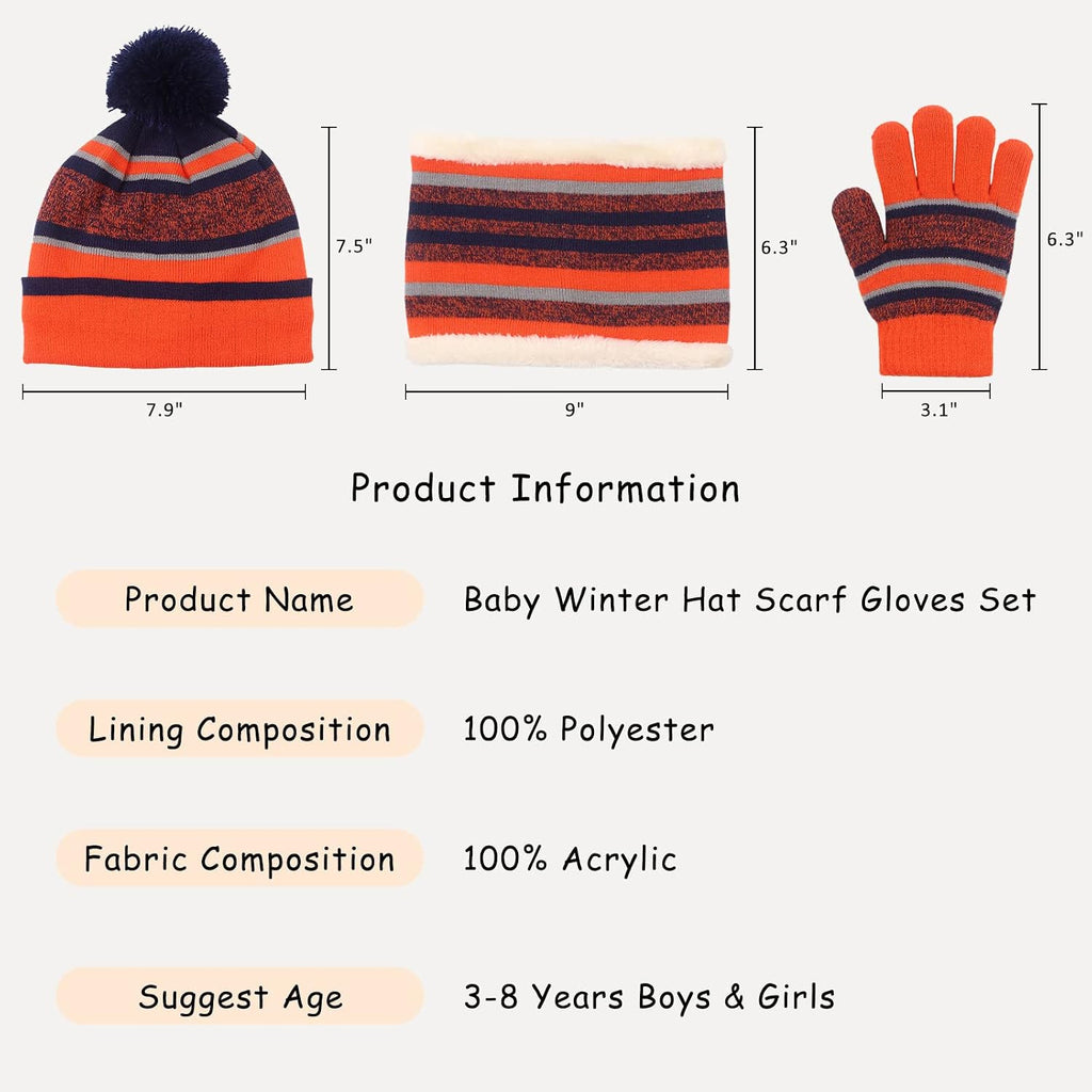 Winter Kids Hat Scarf Glove Set Knit Fleece Lined Beanie Neck Warmer Mittens for Toddler Boys Girls 3-8 Years