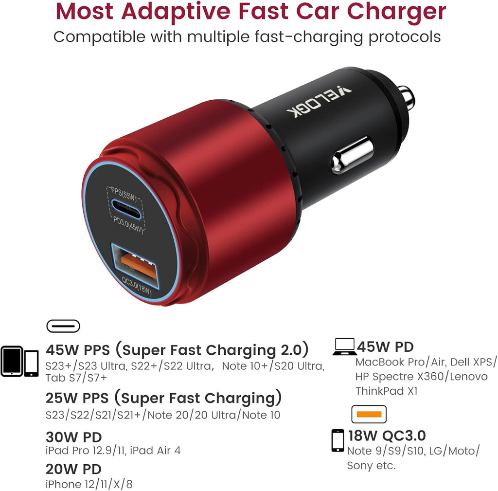 Super Fast Type C Car Charger [73W Turbo], Fast Adaptive 55W 45W PPS/PD&QC3.0 USB C Car Adapter[Super Fast Charging