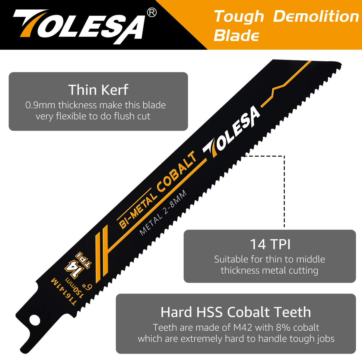 TOLESA Reciprocating Saw Blades, 6" 14TPI for Heavy Metal, 5-Pack