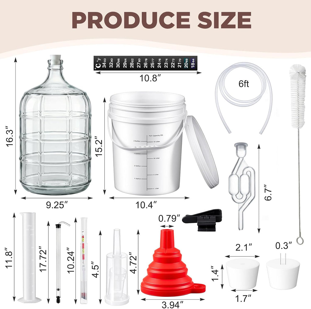 Wine Making Kit Include 3Gallon Carboy, 5Gallon Bucket and Lid, Automatic Siphon, Hydrometer, Alcohol Percentage