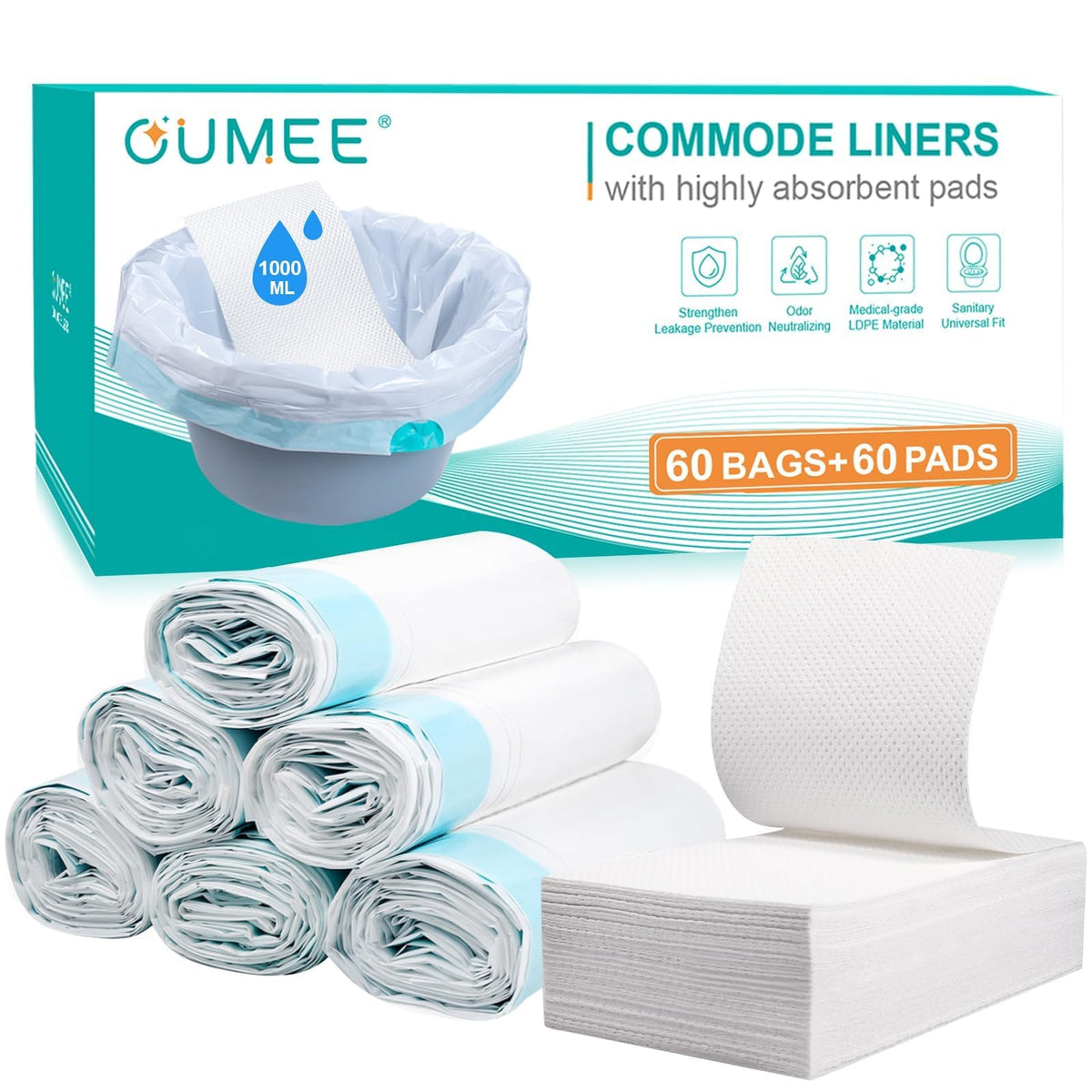 Commode Liners with Absorbent Pads, 60 Bedside Commode Liners and 60 Pads