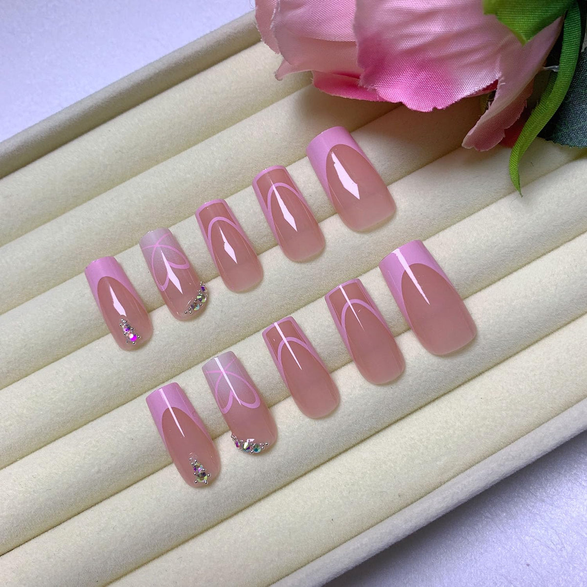 Medium Press on Nails Square Glue on Nail Light Pink French Fake Nails