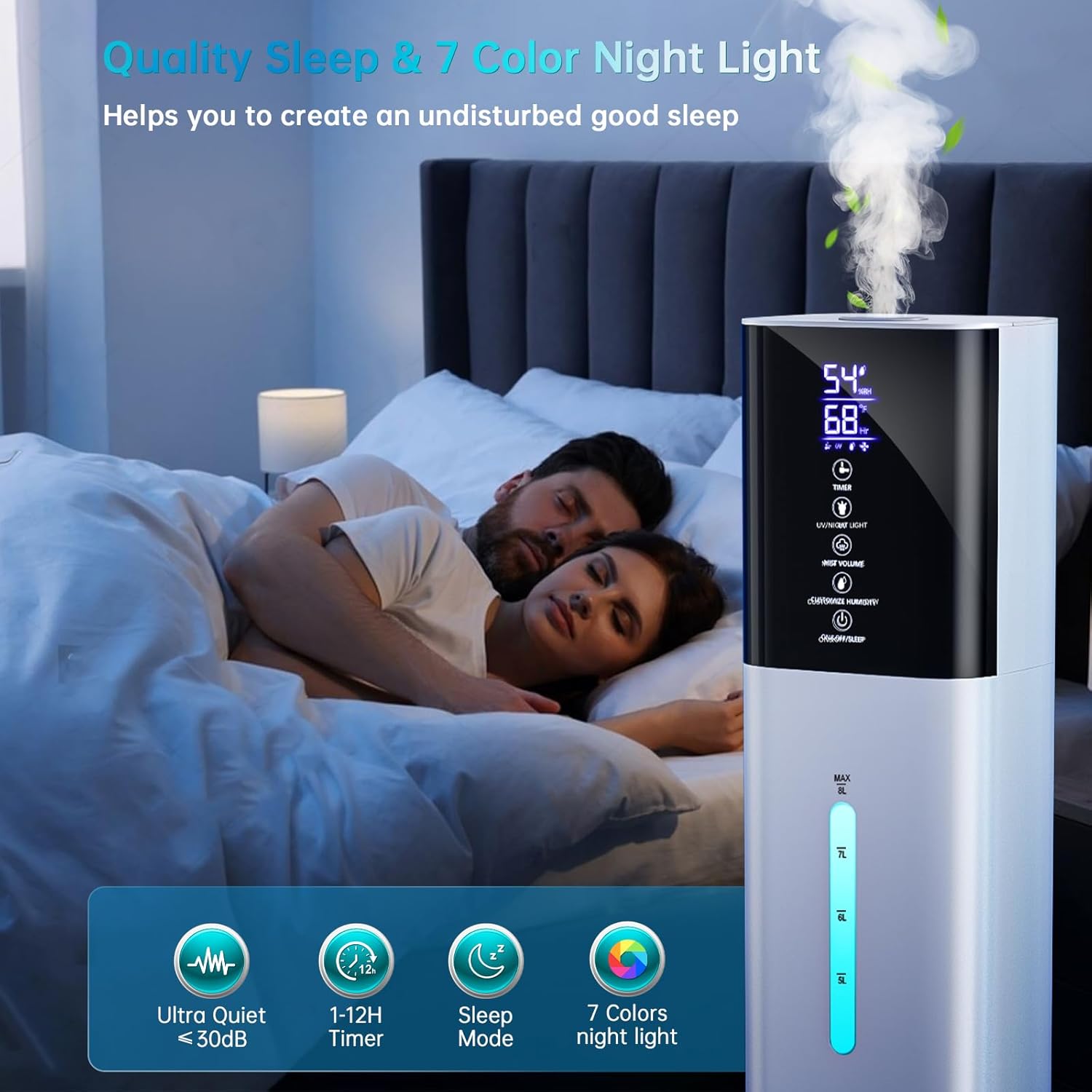 Humidifier Large Room Bedroom, 8L/2.1Gal Top Fill Cool Mist Humidifiers with Humidistat, 3-Speeds, 48H Runtime, Quiet