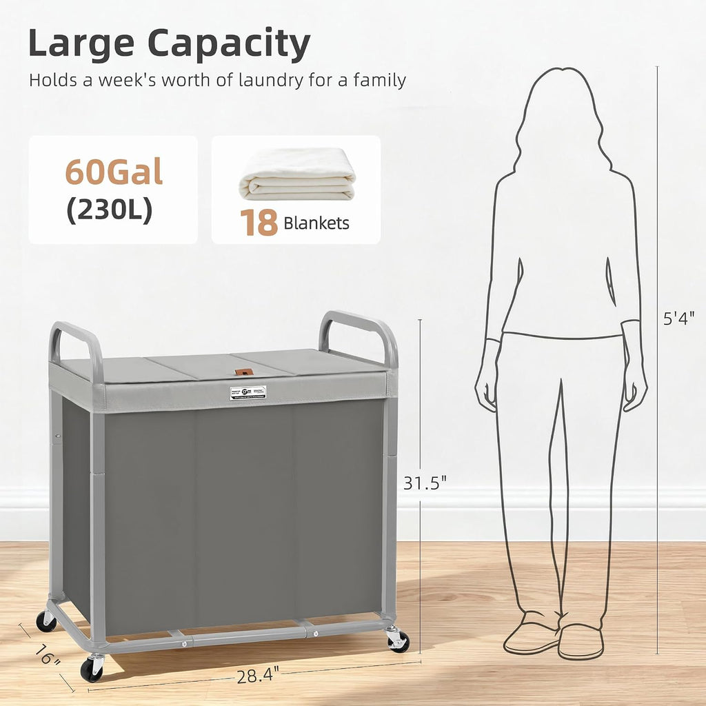 3 Section Laundry Sorter, 60 Gal. Laundry Hamper Cart with Heavy Duty Rolling Lockable Wheels and Removable Bags