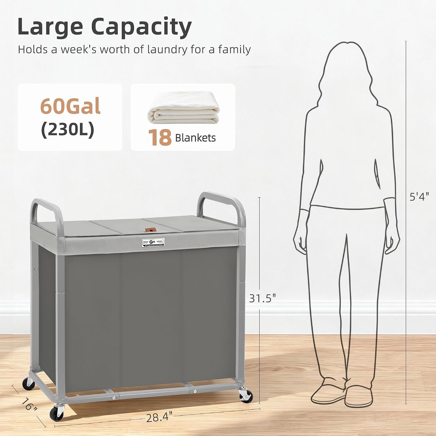 3 Section Laundry Sorter, 60 Gal. Laundry Hamper Cart with Heavy Duty Rolling Lockable Wheels and Removable Bags
