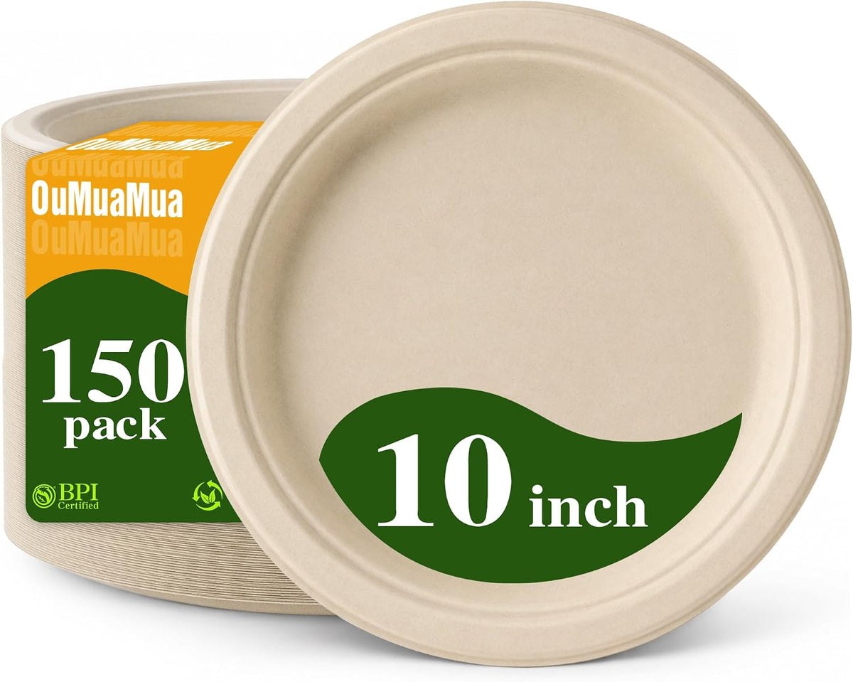 10 Inch Compostable Paper Plates 150 Pack, Heavy Duty Disposable Plates