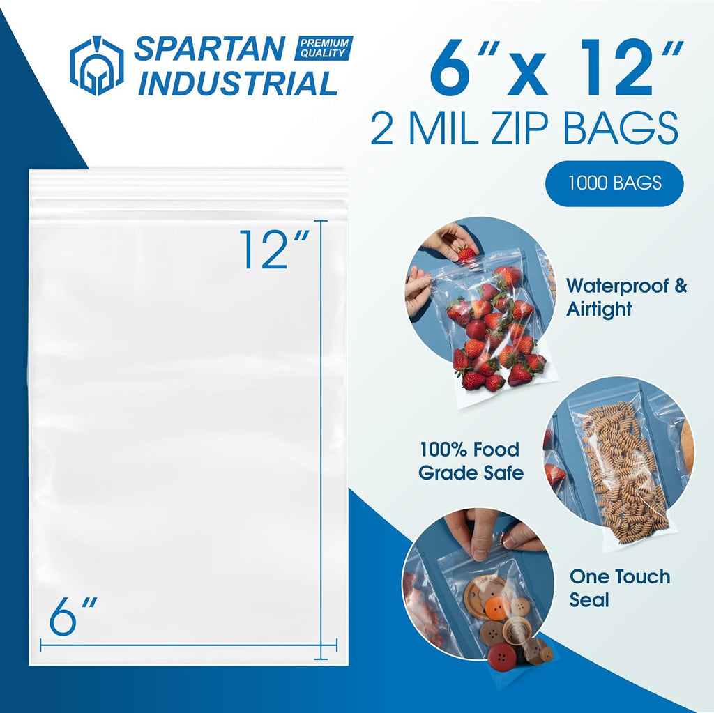 6” X 12” (1000 Count) 2 Mil Clear Reclosable Zip Plastic Poly Bags