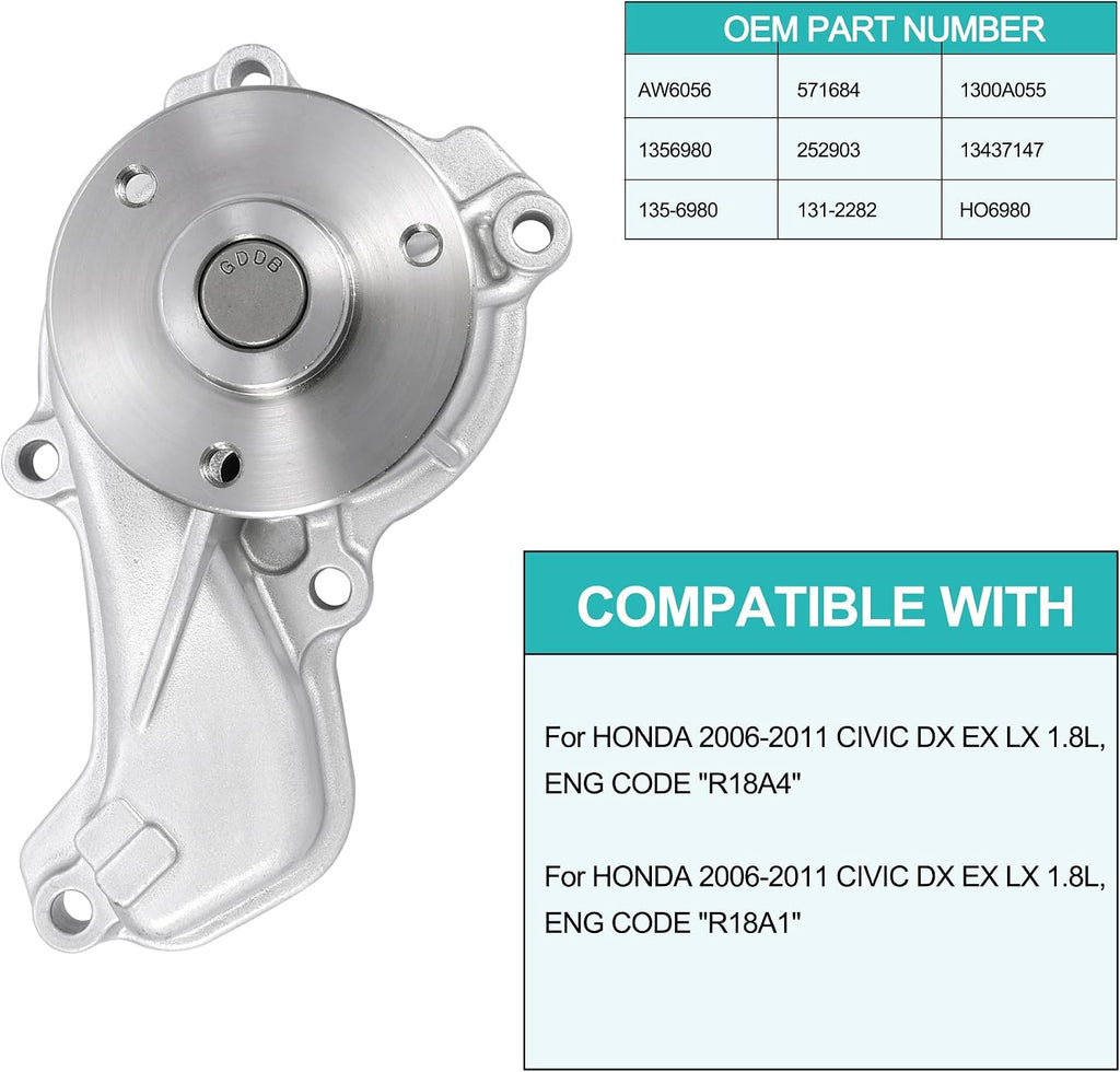 AULINK 19200RNAA01 Water Pump 1.8L L4 For Honda Civic DX EX LX GX 2006-2011