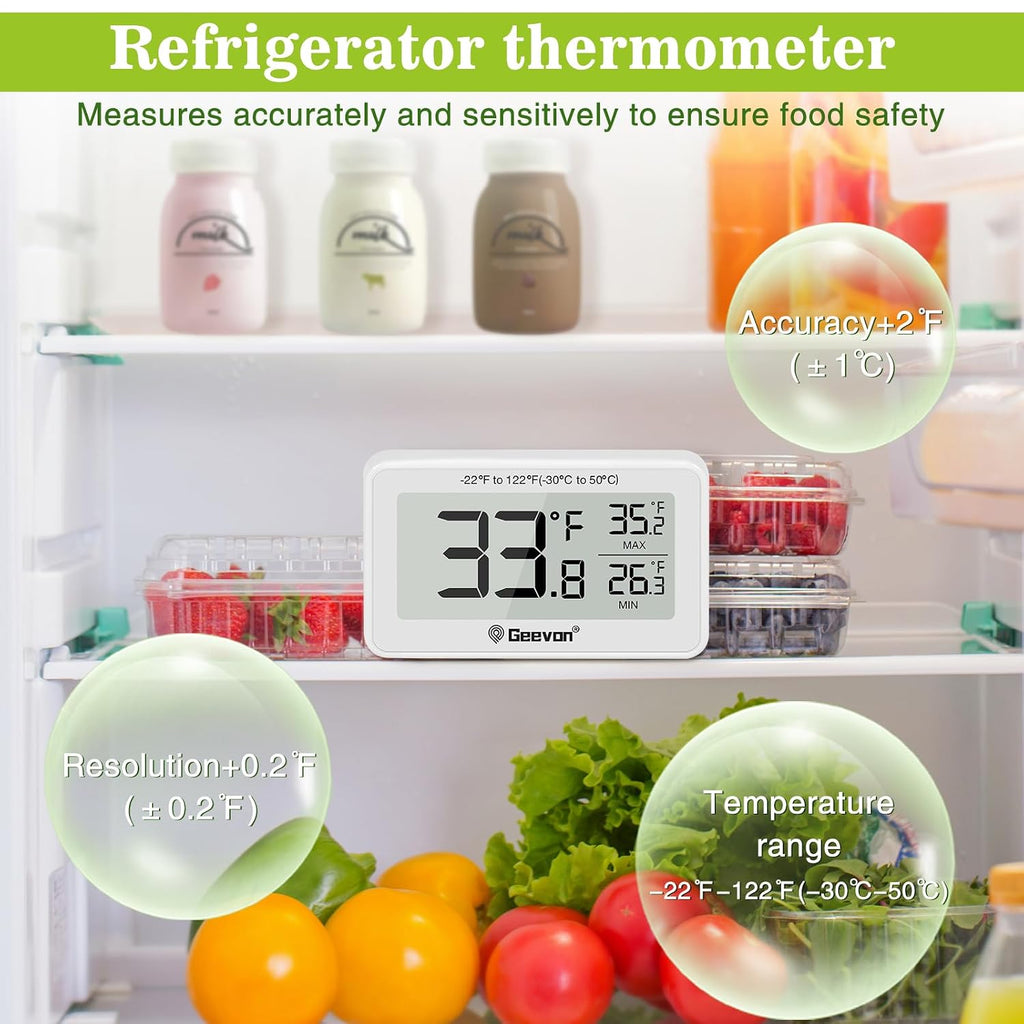 2 Pack Refrigerator Thermometer Digital Fridge Thermometer IP65 Waterproof with Large LCD Display,Max/Min Record